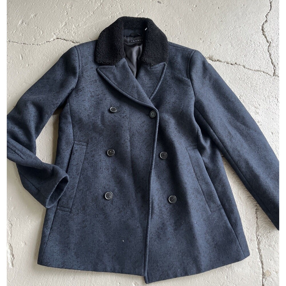 THEORY Men's Wool Cashmere Peacoat Shearling Lamb Double Breasted Blue Small